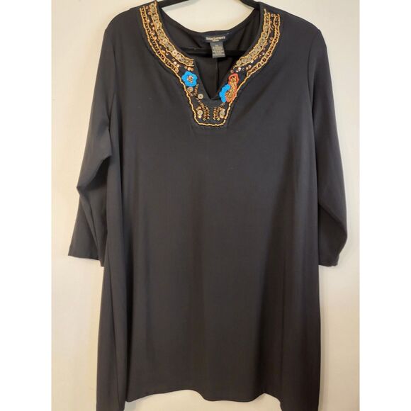 Susan Lawrence Tops - NWOT Susan Lawrence Black Beaded V Neck 3/4 Sleeve Tunic Top Women Size 2x.